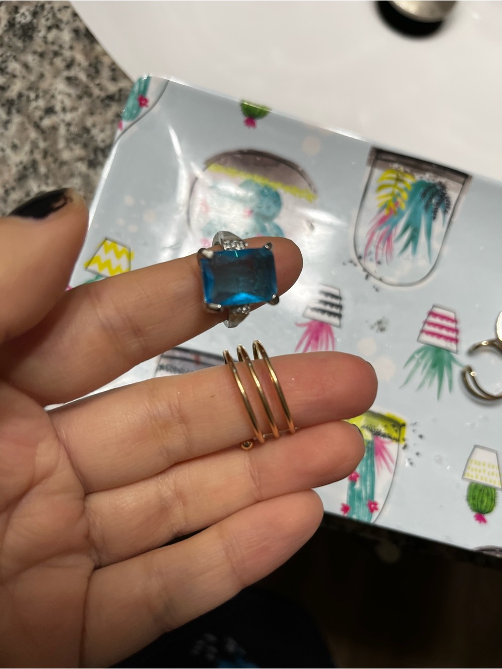 Blue Glass Statement Ring - and gold tone spiral ring bundle Jewelry